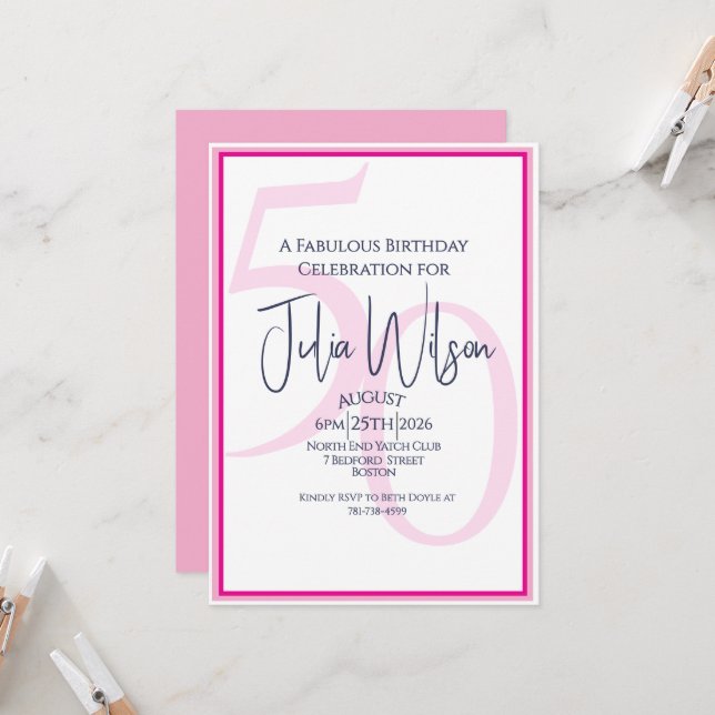 Modern Feminine Typography Pink 50th Birthday  Invitation (Front/Back In Situ)