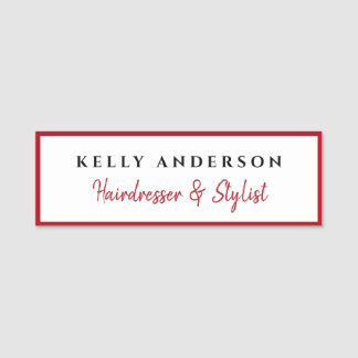 Modern Feminine White Red Border Hairdresser Name Tag