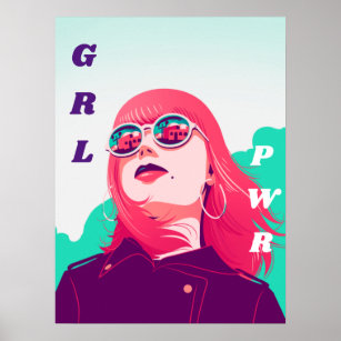 Modern Feminist Girl Pink Hair GRL Power PWR Cool  Poster