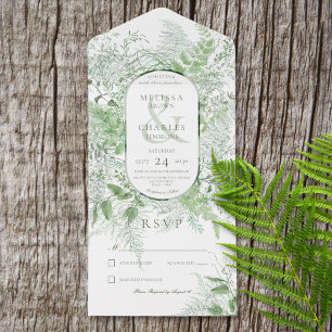 Modern Fern Green Foliage White No Dinner All In One Invitation