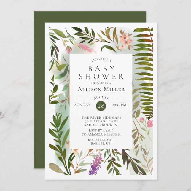 Modern Fern Greenery Baby Shower Invitation (Front/Back)
