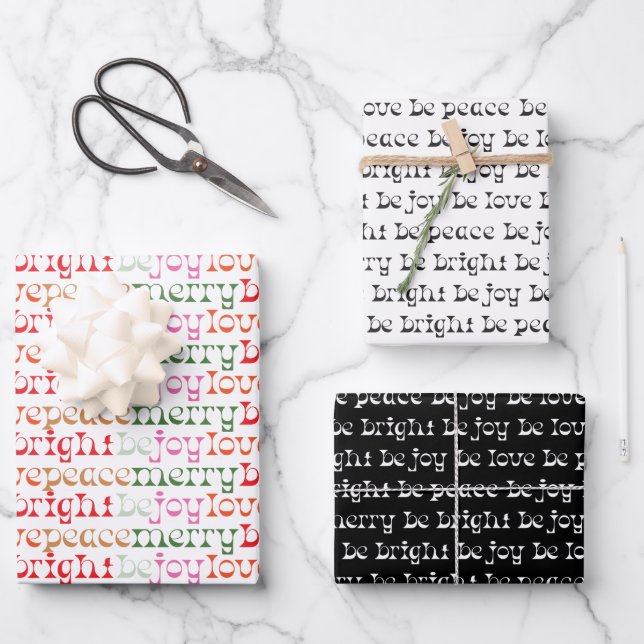 Modern Festive Be Merry Peace Love Joy Wrapping Paper Sheet (Front)