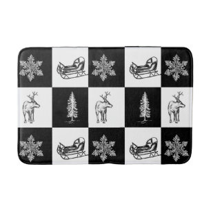 Modern Festive Black and White Christmas Pattern Bath Mat