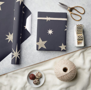 Modern Festive Black Gold Star Roll  Wrapping Paper