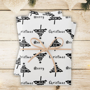 Modern Festive Black White Christmas Tree Holiday  Wrapping Paper Sheet