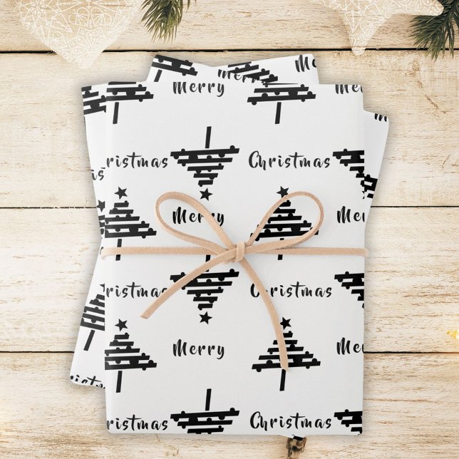 Modern Festive Black White Christmas Tree Holiday  Wrapping Paper Sheet (Creator Uploaded)