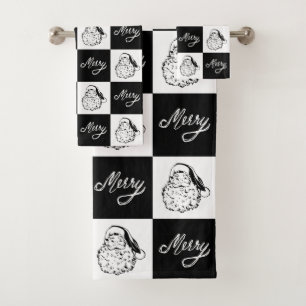 Modern Festive Black White Santa Face Christmas Bath Towel Set