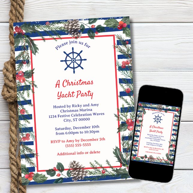 Modern Festive Blue Striped Christmas Yacht Party Invitation (Creator Uploaded)
