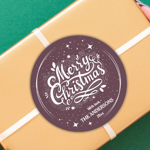 Modern festive burgundy & white Merry Christmas Classic Round Sticker
