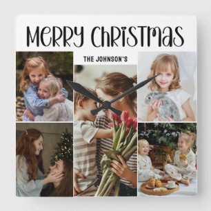 Modern Festive Casual Colorful Christmas 5 Photo Square Wall Clock
