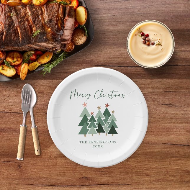 Modern Festive Christmas Trees Typography Paper Plate (Modern Festive Christmas Trees Typography Paper Plates)