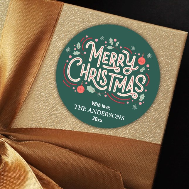 Modern festive cute green & white Merry Christmas Classic Round Sticker (Creator Uploaded)