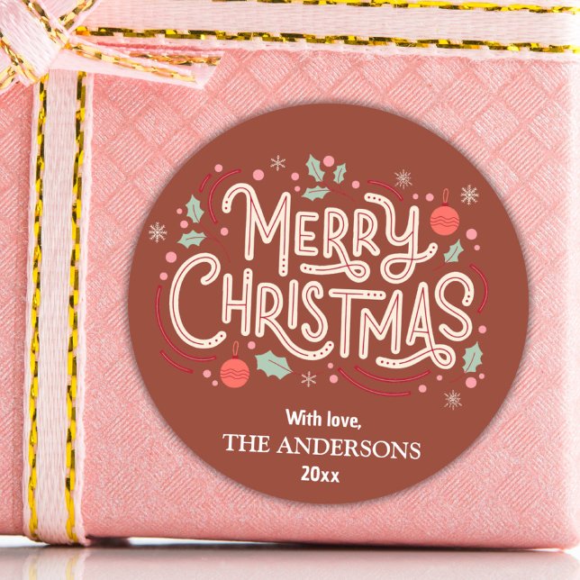 Modern festive cute red & white Merry Christmas  C Classic Round Sticker (Creator Uploaded)