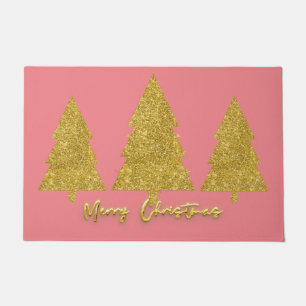 Modern festive gold shiny glitter tree girly pink doormat