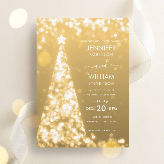 Modern Festive Gold Tree Christmas Wedding  Invitation (Modern Festive Gold Tree Christmas Wedding Invitation)