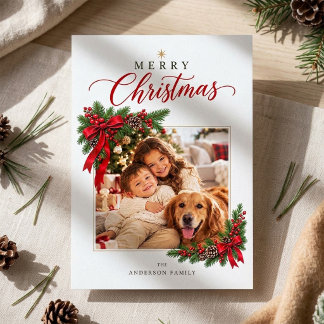 Modern Festive Greenery Christmas Greeting Photo Holiday Card