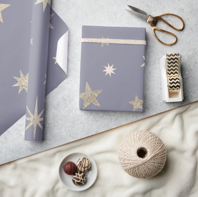 Modern Festive Grey Gold Star Roll  Wrapping Paper (Crafts)