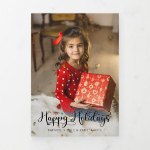 Modern Festive Happy Holidays Script Photo Tri-Fold Card