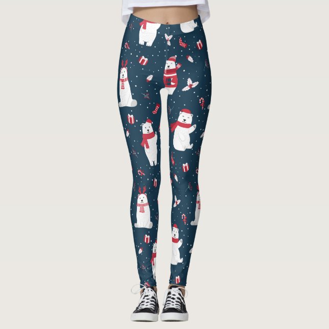 Modern Festive Holiday Winter Polar Bears Leggings (Front)