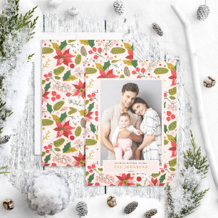 Modern Festive Muted Pink Poinsettia Photo Holiday Card