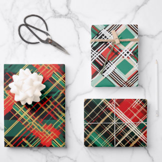 Modern Festive Plaid Christmas Set of 3 Wrapping Paper Sheet