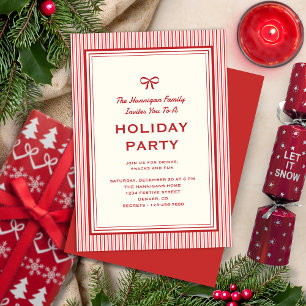 Modern Festive Red Bow and Stripes Family Holiday  Invitation