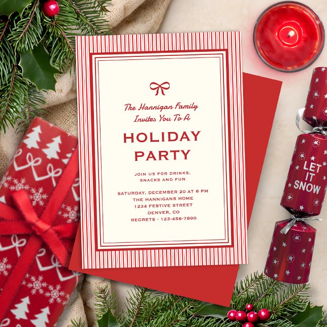 Modern Festive Red Bow and Stripes Family Holiday  Invitation (Creator Uploaded)