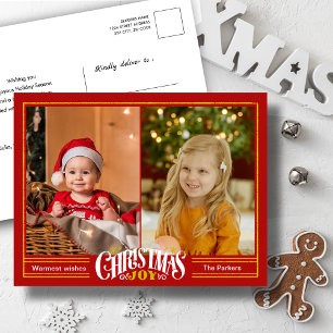 Modern Festive Red Christmas JOY Minimalist Photo Holiday Postcard