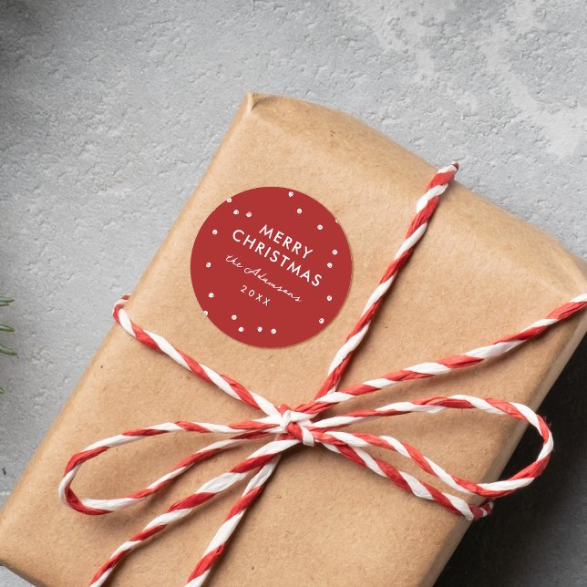 Modern Festive Red & White Dots Merry Christmas Classic Round Sticker (Creator Uploaded)
