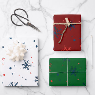 Modern Festive Snowflake Joy white red green Wrapping Paper Sheet