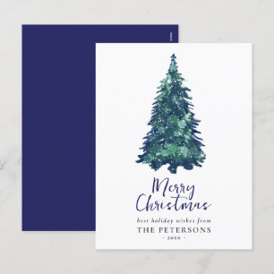 Modern Festive Snowy Blue Christmas Tree  Holiday Postcard