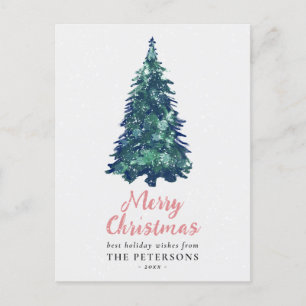 Modern Festive Snowy Green Christmas Tree Postcard