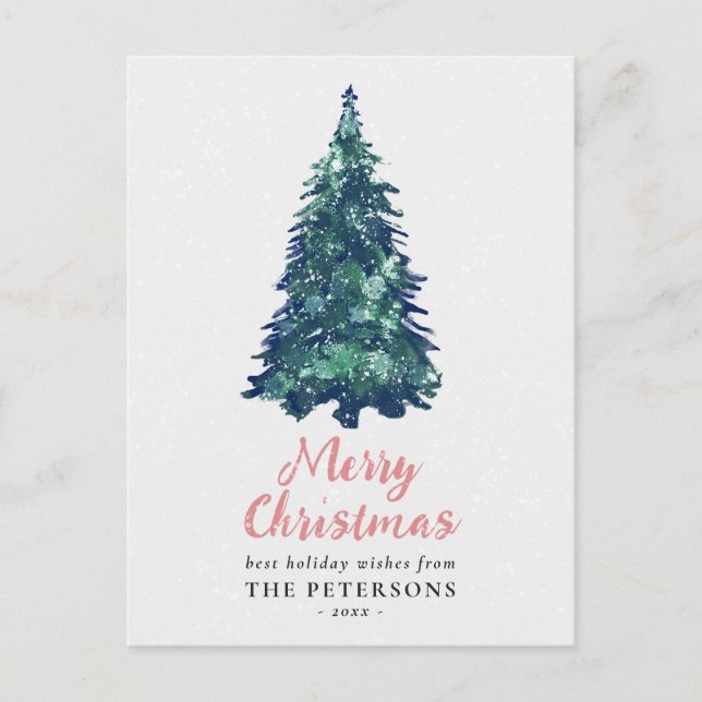 Modern Festive Snowy Green Christmas Tree Postcard (Front)