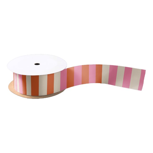 Modern Festive Striped Pink, Cream & Orange Satin Ribbon (Spool)