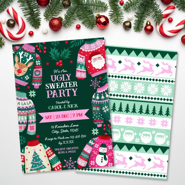 Modern Festive Ugly Sweater Red, Green and Pink Invitation (Modern Festive Ugly Sweater Red, Green and Pink Invitation)
