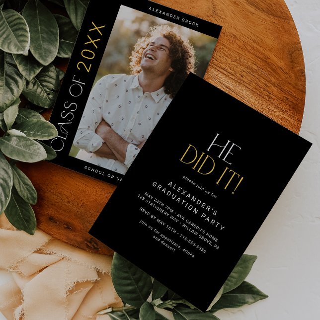 Modern Fete Black Gold He Did It Photo Graduation Invitation (Creator Uploaded)