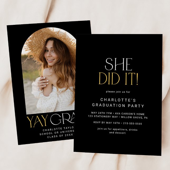 Modern Fete Black Gold She Did It Photo Graduation Invitation (Creator Uploaded)