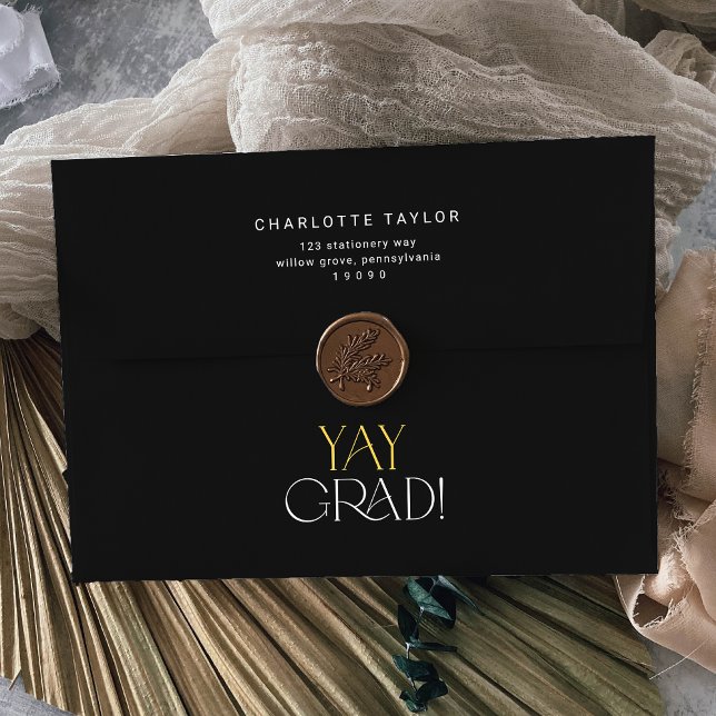 Modern Fete Black Gold Yay Grad Graduation Envelope (Creator Uploaded)