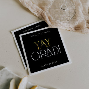 Modern Fete Black Gold Yay Grad Graduation Napkin