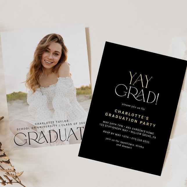 Modern Fete Foil Black Yay Grad Photo Graduation (Creator Uploaded)