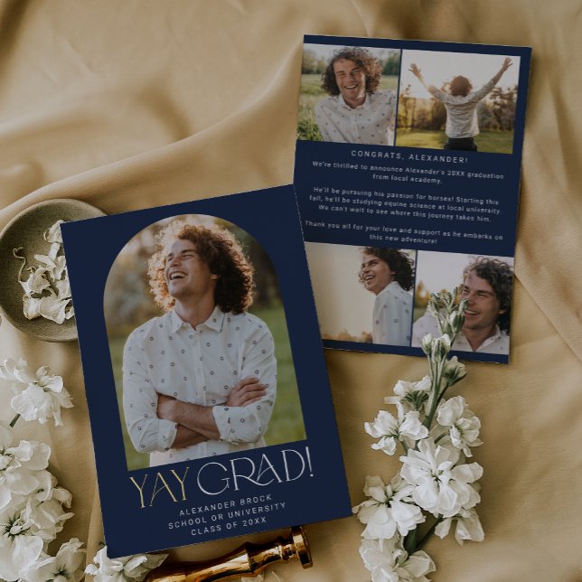 Modern Fete Foil Navy Yay Grad Photo Graduation (Creator Uploaded)