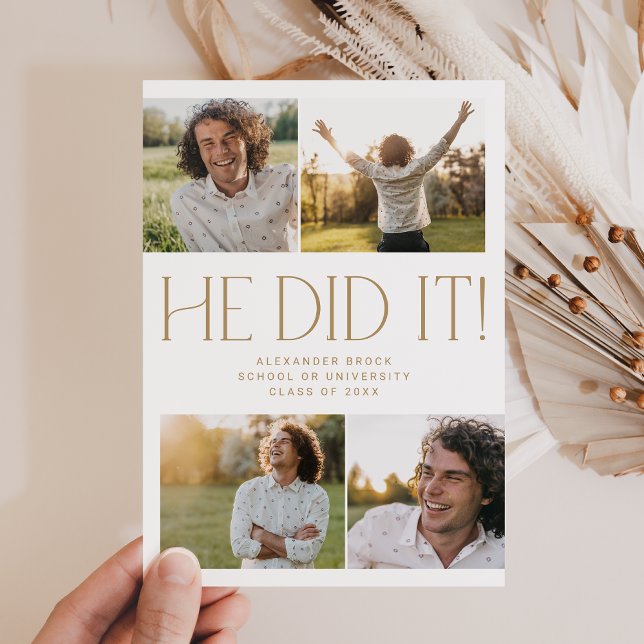 Modern Fete Gold He Did It Photo Graduation Announcement (Creator Uploaded)