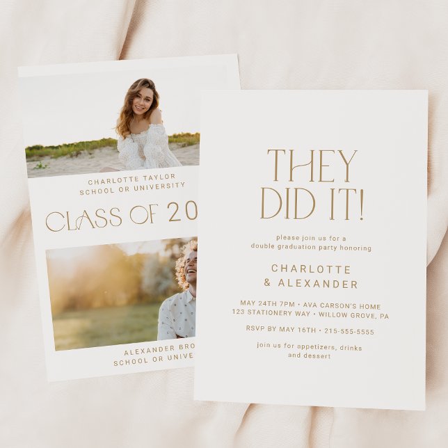 Modern Fete Gold Photo Double Graduation Party Invitation (Creator Uploaded)