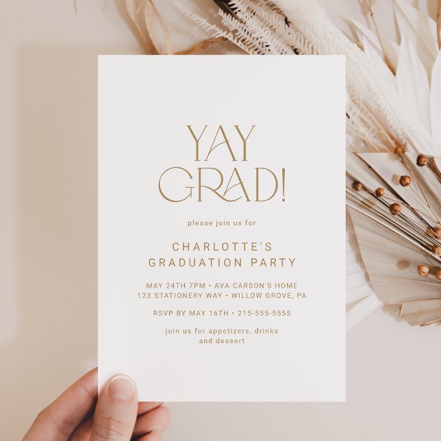 Modern Fete Gold Yay Grad Graduation Party Invitation (Creator Uploaded)