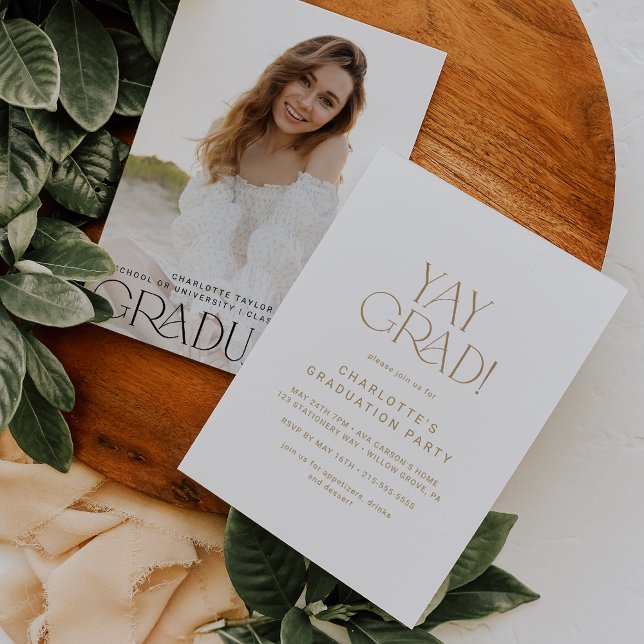 Modern Fete Gold Yay Grad Photo Graduation Party Invitation (Creator Uploaded)