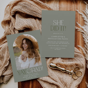 Modern Fete Green She Did It Photo Arch Graduation Invitation