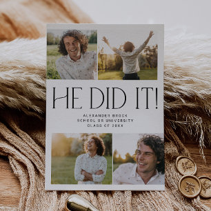 Modern Fete He Did It Photo Collage Graduation Announcement