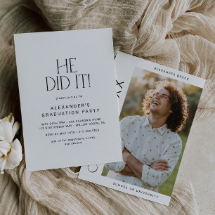 Modern Fete He Did It Photo Graduation Party Invitation