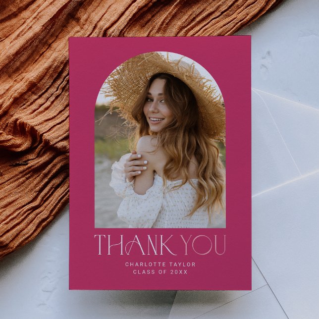 Modern Fete Hot Pink Photo Arch Graduation Thank You Card (Creator Uploaded)