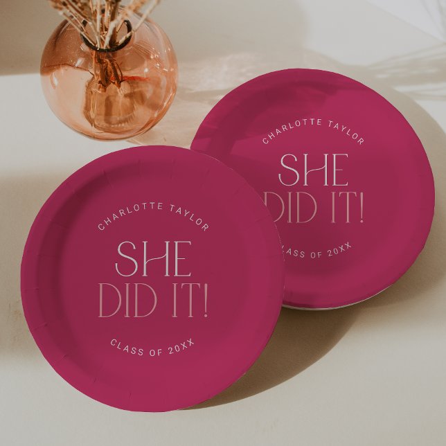 Modern Fete | Hot Pink She Did It Graduation Paper Plate (Creator Uploaded)